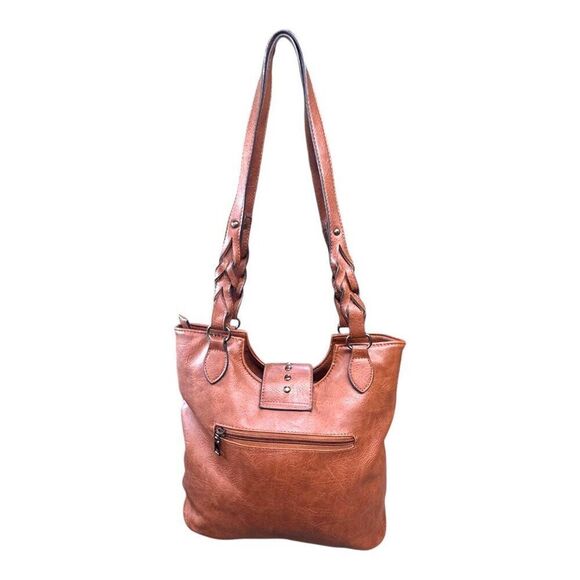 Sam & Hadley Brown Vegan Leather Tote Bag Purse Braided Straps & Outer Pocket - Picture 8 of 8